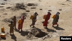 Women carry jerry cans of water from shallow wells dug from the sand along the Shabelle River bed, which is dry due to drought in Somalia's Shabelle region, March 19, 2016. 