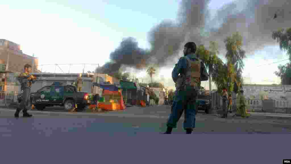 Smoke rises after an attack on a Red Cross office in the eastern city of Jalalabad, Afghanistan. (Z. Hasrat/VOA)
