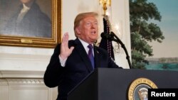 Donald Trump annonçant les frappes militaires en Syrie, la Maison Blanche, Washington, le 13 avril 2018. 