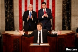 French President Emmanuel Macron addresses a joint session of Congress at the U.S. Capitol in Washington, April 25, 2018.