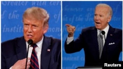 FILE - A combination picture shows U.S. President Donald Trump and Democratic presidential nominee Joe Biden speaking during the first 2020 presidential campaign debate, held in Cleveland, Sept. 29, 2020.