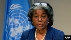 S ambassador to the United Nations, Linda Thomas-Greenfield, and President of the Security Council speaks during a press conference for the Security Council programme of work in March at the UN Headquarters in New York. (File)