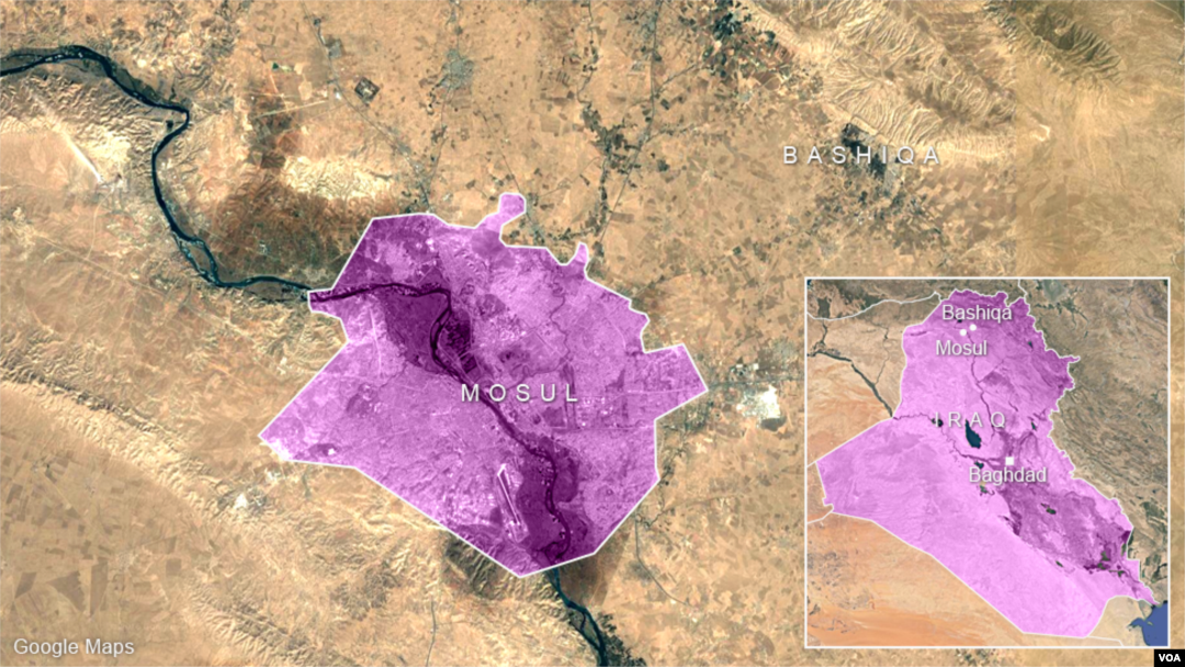 Letak kota Mosul dan Bashiqa di Irak.