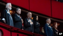 From left, 2024 Kennedy Center honorees the Grateful Dead band members Bobby Weir and Mickey Hart; filmmaker Francis Ford Coppola and Michelle Ebanks; Arturo Sandoval and Bonnie Raitt during the 47th Kennedy Center Honors at the John F. Kennedy Center in Washington, Dec. 8, 2024.