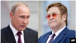 This combination photo shows Russian President Vladimir Putin in Moscow, June 20, 2019, left, and singer Elton John at a ceremony presenting him with the Legion of Honor at the presidential Elysee Palace in Paris. 