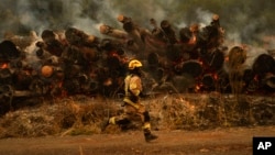 A firefighter runs to fight a fire in Santa Juana, Chile, Feb. 6, 2023.
