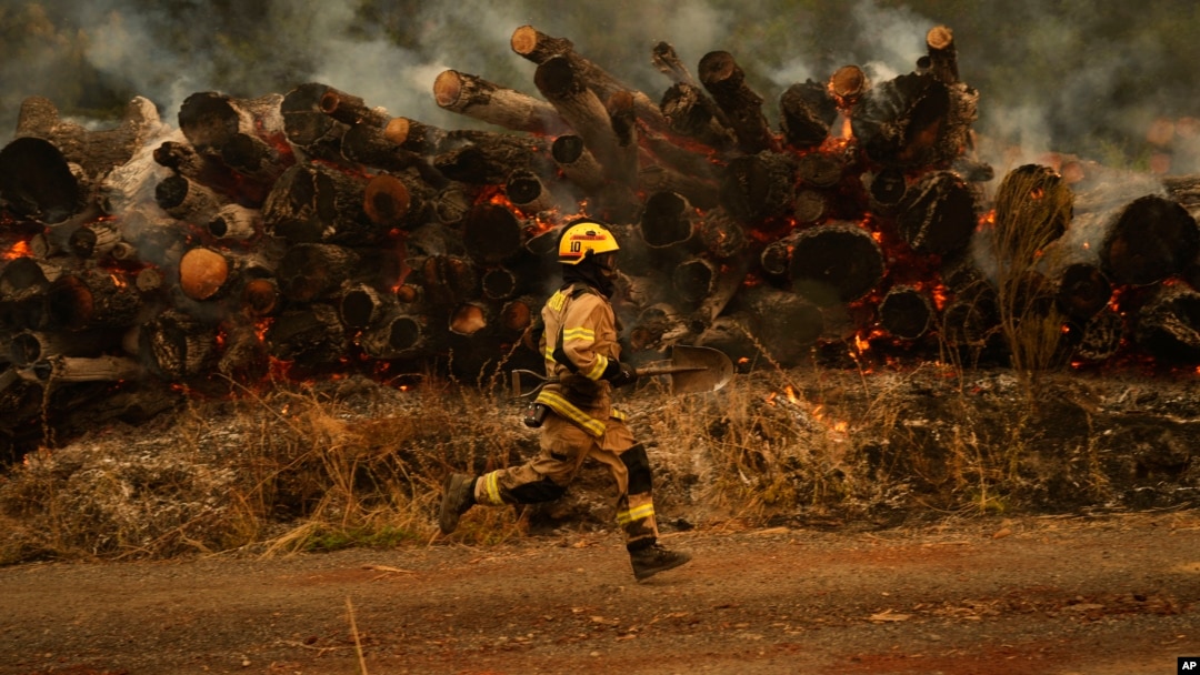 A firefighter runs to fight flames caused by wildfires in Santa Juana, Chile, Feb. 6, 2023. 