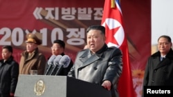 North Korean leader Kim Jong Un speaks during the groundbreaking ceremony for the Kangdong County Hospital in Kangdong County, North Korea, Feb. 6, 2025, in this photo released by North Korea's official Korean Central News Agency. 