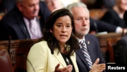 FILE - Canadian Justice Minister Jody Wilson-Raybould speaks about the government's medically assisted suicide bill in the Senate chamber on Parliament Hill in Ottawa, Ontario, June 1, 2016.