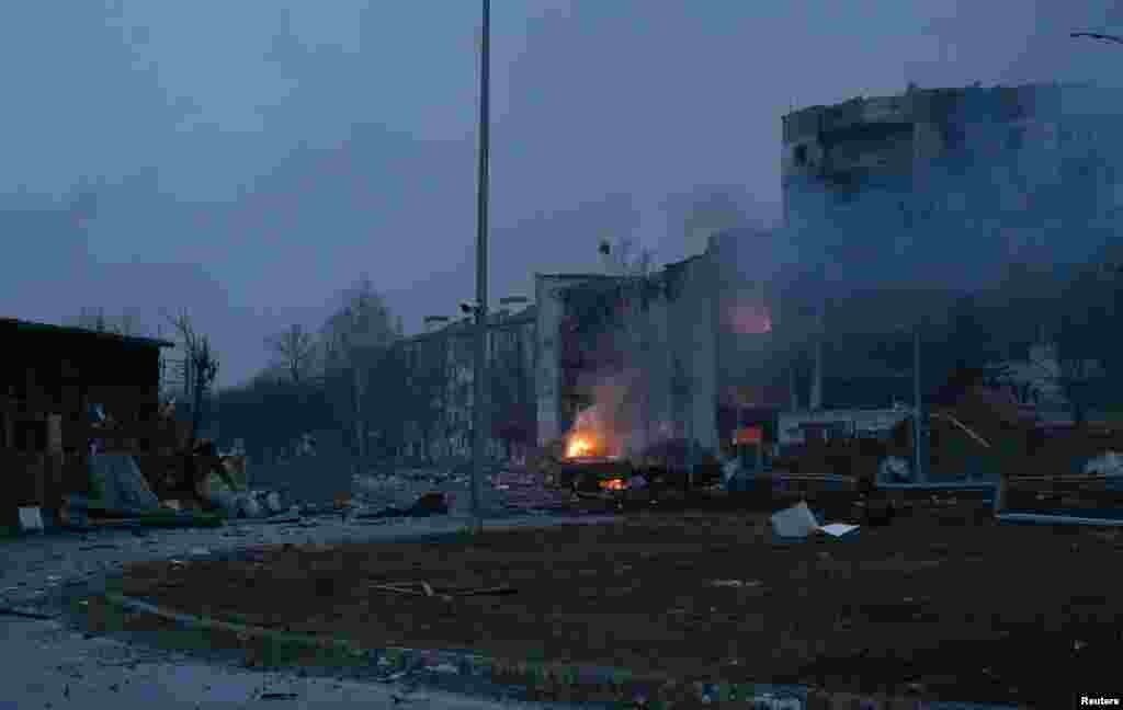 A view shows damaged buildings following recent Russian shelling in the settlement of Borodyanka in the Kyiv region, March 2, 2022.