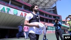 L'attaquant égyptien Mohamed Salah participe à un entraînement au stade Akhmat Arena de Grozny, le 13 juin 2018.