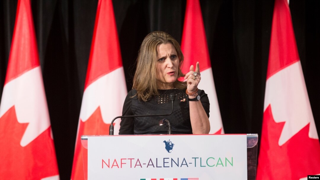 Menteri Luar Negeri Kanada Chrystia Freeland berbicara dalam konferensi pers setelah negosiasi NAFTA di Montreal, Quebec, Kanada, 29 Januari 2018.