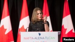 Chrystia Freeland, Canada's Minister of Foreign Affairs, speaks to the media following NAFTA renegotiations in Montreal, Quebec, Canada, Jan. 29, 2018.