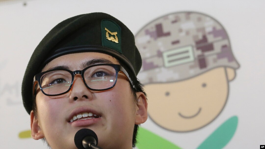 FILE - In this Jan. 22, 2020, photo, South Korean army Sergeant Byun Hee-soo speaks during a press conference at the Center for Military Human Right Korea in Seoul, South Korea. 