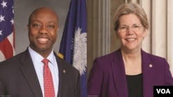 合成照片：参议院银行、住房与城市事务委员会主席、来自南卡罗来纳州的共和党参议员蒂姆·斯科特(左)与该委员会资深成员、来自麻萨诸塞州的民主党参议员伊丽莎白·沃伦(右)。