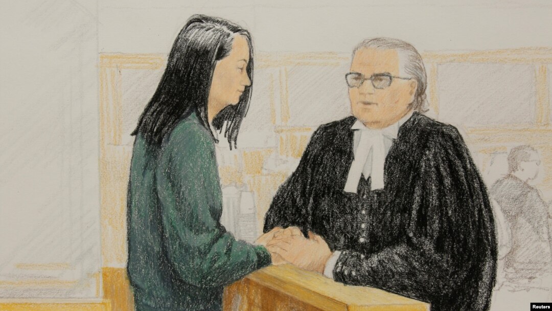 Sketsa gambar: pimpinan keuangan raksasa telekomunikasi China, Huawei Technologies, Meng Wanzhou (kiri), ketika tampil di pengadilan British Columbia, Kanada, Senin (10/12). 