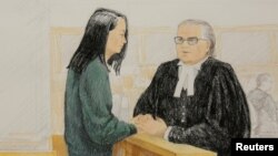 Sketsa gambar: pimpinan keuangan raksasa telekomunikasi China, Huawei Technologies, Meng Wanzhou (kiri), ketika tampil di pengadilan British Columbia, Kanada, Senin (10/12). 