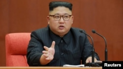 Kim Jong Un speaks during the Second Plenum of the 7th Central Committee of the Workers' Party of Korea (WPK) at the Kumsusan Palace of the Sun, in this undated photo released by North Korea's Korean Central News Agency (KCNA) in Pyongyang, Oct. 8, 2017.