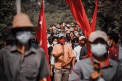 Anti-coup protesters march in Sagiang City, Sagaing region, Myanmar, April 3, 2021. (Credit: Citizen journalist via VOA Burmese Service)