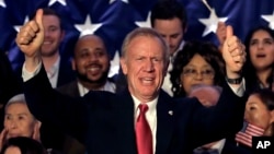 Illinois Republican Gov. Bruce Rauner addresses the crowd on primary election night, March 20, 2018, in Chicago. Rauner has won the Republican nomination for a second term and will face Democratic gubernatorial candidate J.B. Pritzker in the general elect