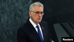 FILE - Serbian President Tomislav Nikolic addresses the 68th United Nations General Assembly at U.N. headquarters in New York, Sept. 25, 2013. 