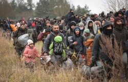 Migrants make their way to the checkpoint "Kuznitsa" at the Belarus-Poland border near Grodno, Belarus, Nov. 15, 2021.