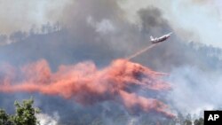 A firefighting plane drops fire retardant over a forest in the outskirts of La Londe-les-Maures on the French Riviera, July 26, 2017. 