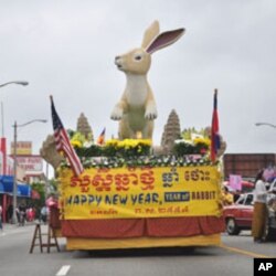 Cambodian-Americans in Long Beach, California celebrate Khmer New Year, the Year of the Rabbit B.E. 2555, in an annual parade in the designed 'Cambodia Town' section, on April 2, 2011.