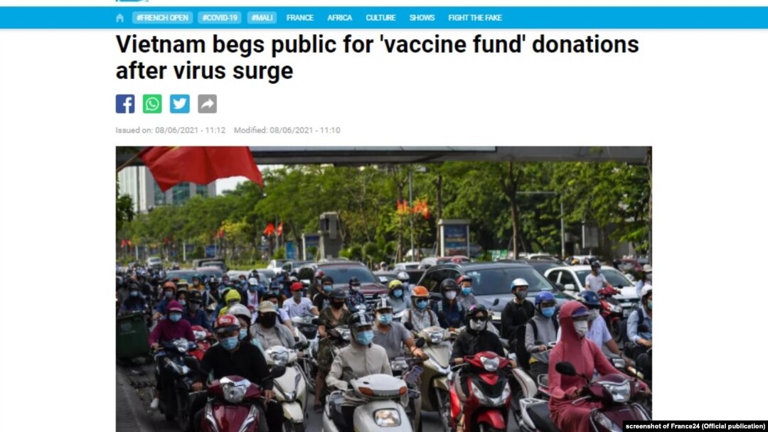 Báo Pháp France24 đăng tin rằng chính phủ Việt Nam "xin" công chúng đóng góp tiền cho quỹ vắc-xin COVID-19, 8/6/2021. Hình minh họa.
