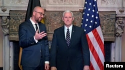 Belgian Prime Minister Charles Michel and U.S. Vice President Mike Pence give a statement in Brussels, Belgium, Feb. 19, 2017. 