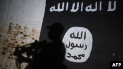 A member of the Iraqi forces walks past a mural bearing the logo of the Islamic State group in a tunnel that was reportedly used as a training center by the jihadists, March 1, 2017, on the southern outskirts of Mosul.