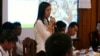 Phyo Phyo Aung, a representative of student protesters, speaks during a meeting with representatives of the Myanmar government and the National Network for Education Reform in Yangon, Feb. 11, 2015.