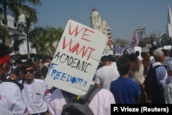 FILE - Student activists called for higher education reforms during a protest in downtown Yangon, Myanmar, Feb. 2015.