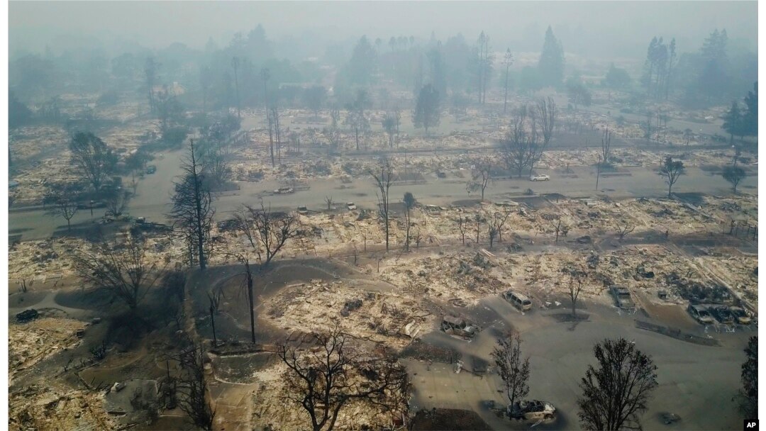 This aerial image shows a neighborhood that was destroyed by a wildfire in Santa Rosa, California, Oct. 10, 2017.