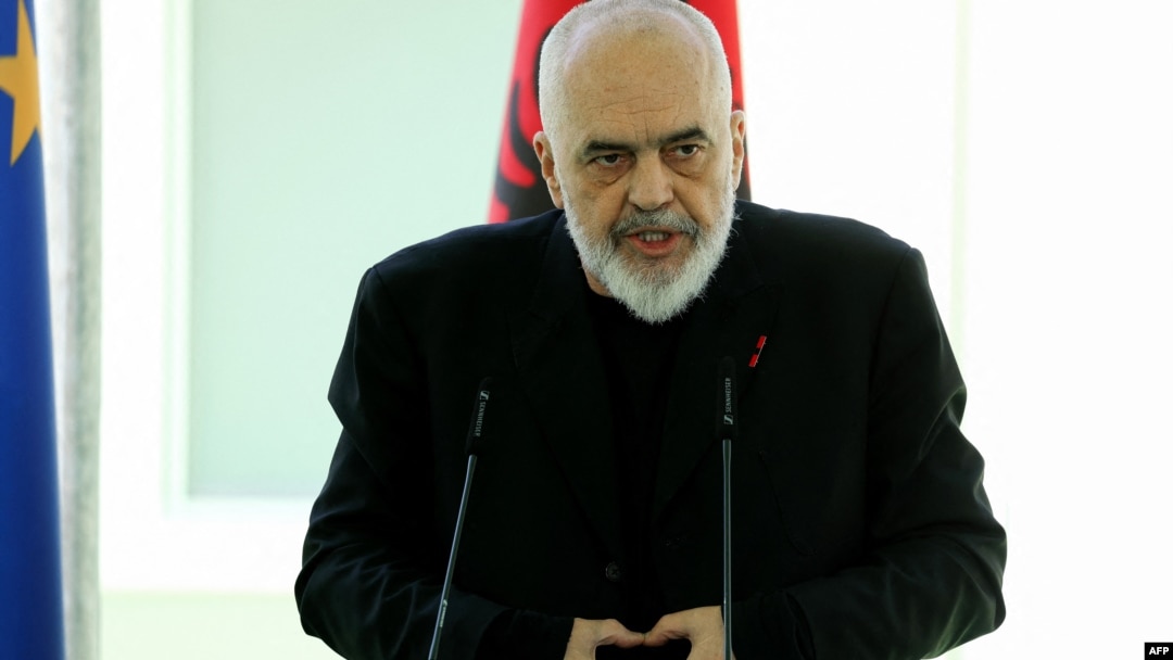 FILE - Albania's Prime Minister Edi Rama speaks at a press conference at the port of Shengjin, some 60 km northwest of Tirana, Albania, June 5, 2024. 