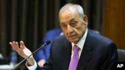 FILE - Lebanese Parliament Speaker Nabih Berri speaks during the opening session of the National Dialogue, in the Parliament building, in downtown Beirut, Lebanon, Sept. 9, 2015.