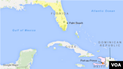 Map shows locations of Palm Beach, Florida and Haiti.