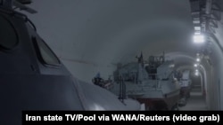 Iran unveiled on Jan. 18, 2025, what state TV says are images of Iran's new underground naval base in an undisclosed location in the Gulf. (Video still/Iran state TV/Pool via WANA/Reuters)