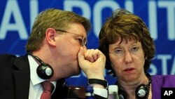 European Union High Representative for Foreign Affairs and Security Policy Catherine Ashton (R) and EU Commissioner for Enlargement Stefan Füle talk during a press conference in Istanbul, Turkey, after the Turkey-EU Ministerial Political Dialogue meeting 