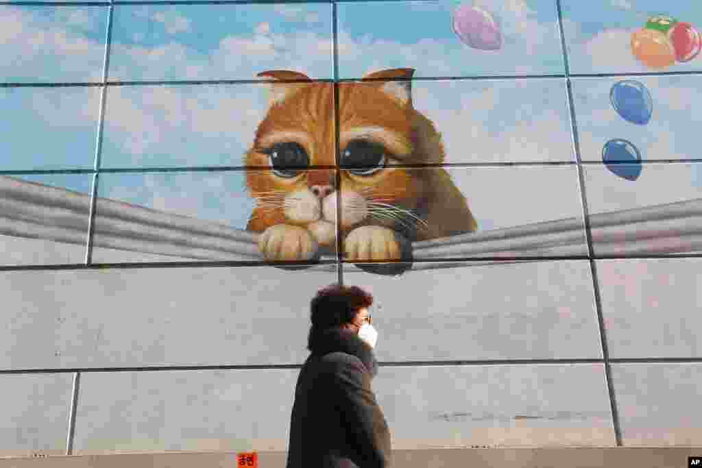 A woman wearing a face mask as a precaution against the coronavirus passes by wall mural of a shopping center in Seoul, South Korea.