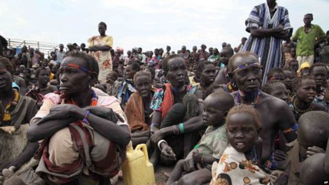 Displaced people who fled the attackers gather in Pibor County, January 17, 2012.