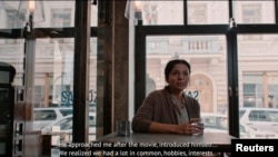 An actor reading a "testimonial" about a suspiciously friendly stranger is seen in this image taken from a TV ad by Lithuanian State Security Department, Nov. 30, 2016.