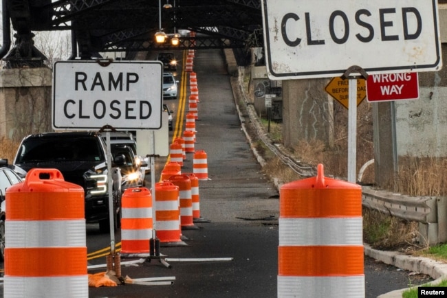 A street is closed due to work in the road in Jersey City, New Jersey, March 31, 2021.