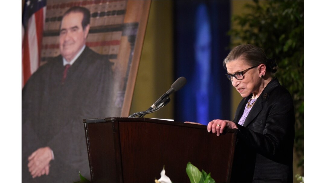 FILE - Supreme Court Justice Ruth Bader Ginsburg speaks at the memorial service for Supreme Court Justice Antonin Scalia, March 1, 2016, at the Mayflower Hotel in Washington.