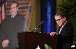 FILE - Supreme Court Justice Ruth Bader Ginsburg speaks at the memorial service for Supreme Court Justice Antonin Scalia, March 1, 2016, at the Mayflower Hotel in Washington.