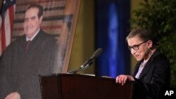 FILE - Supreme Court Justice Ruth Bader Ginsburg speaks at the memorial service for Supreme Court Justice Antonin Scalia, March 1, 2016.