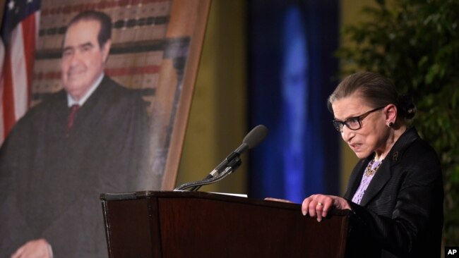 FILE - Supreme Court Justice Ruth Bader Ginsburg speaks at the memorial service for Supreme Court Justice Antonin Scalia, March 1, 2016.