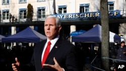 United States Vice President Mike Pence briefs the media during the Munich Security Conference in Munich, Germany, Saturday, Feb. 16, 2019.