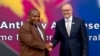 FILE - In this image from a video, Australian Prime Minister Anthony Albanese, left, and Papua New Guinea's Prime Minister James Marape shake hands outside the parliament in Port Moresby, Papua New Guinea, Jan. 12, 2023. 