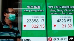 A man wearing face mask walks past a bank electronic board showing the Hong Kong share index at Hong Kong Stock Exchange, May 14, 2020.